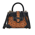 Grand Pelle Black with Solid Color Hand Engraving Flower Pattern Genuine Leather Crossbody Bag (9"x6.5"x3.7") with Handle Drop and Shoulder Strap - Sticky add to cart bar