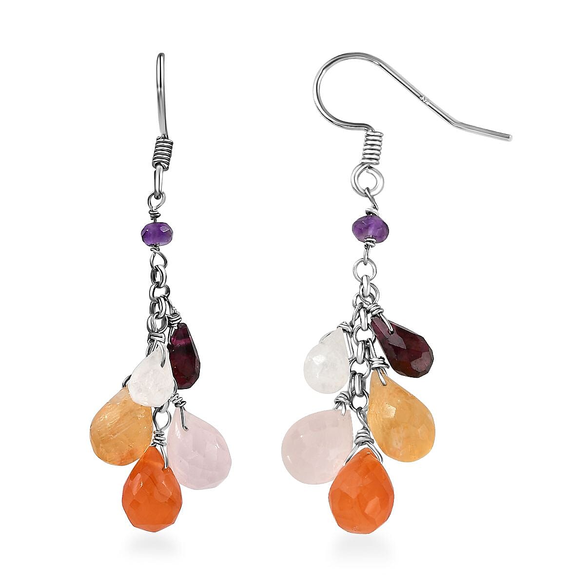 Multi Gemstone Drop Earrings in Rhodium Over Sterling Silver 21.00 ctw