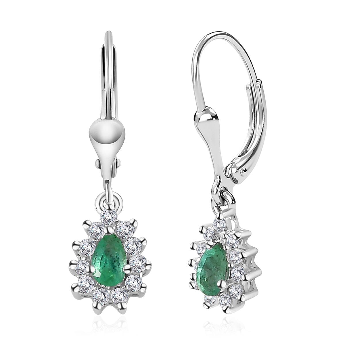 Kagem Zambian Emerald and White Zircon Lever Back Earrings in Platinum Over Sterling Silver 0.80 ctw