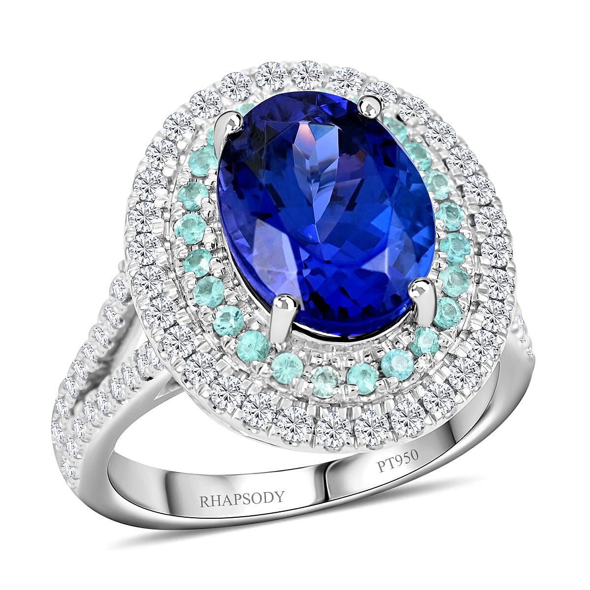Certified & Appraised Rhapsody 950 Platinum AAAA Tanzanite and Paraiba Tourmaline, E-F VS Diamond Ring (Size 10.0) 10.60 Grams 5.55 ctw