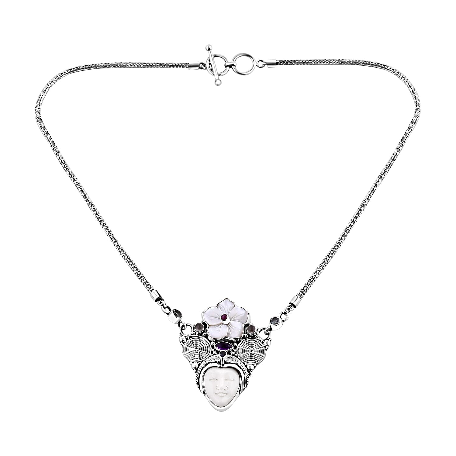 Sajen Silver Carved Bone and Multi Gemstone Necklace 20 Inches in Sterling Silver 2.85 ctw