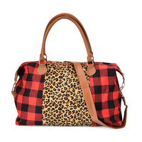 TLV Red Checked with Lepord Print Travel Bag (19.7"x6.3"x13.4") with Faux Leather Strap 47"