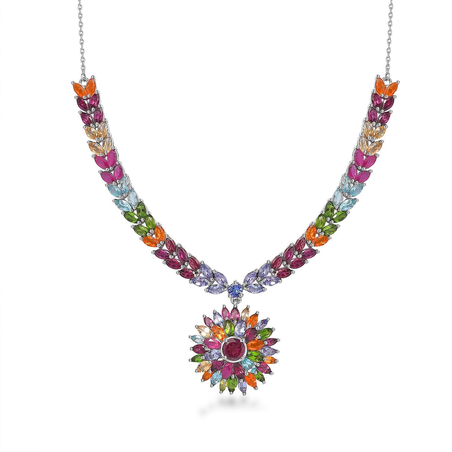 TLV Orissa Rhodolite Garnet, Multi Gemstone Floral Spray Necklace (18 Inches) in Platinum Over Sterling Silver 17.40 ctw