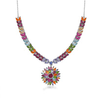 TLV Orissa Rhodolite Garnet, Multi Gemstone Floral Spray Necklace (18 Inches) in Platinum Over Sterling Silver 17.40 ctw