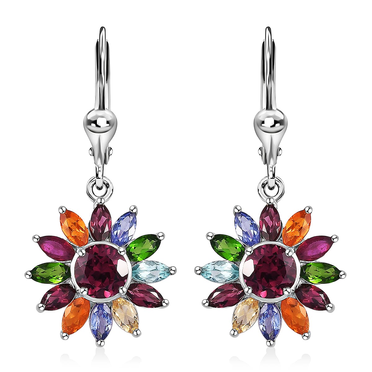 TLV Orissa Rhodolite Garnet, Multi Gemstone Floral Lever Back Earrings in Platinum Over Sterling Silver 6.00 ctw
