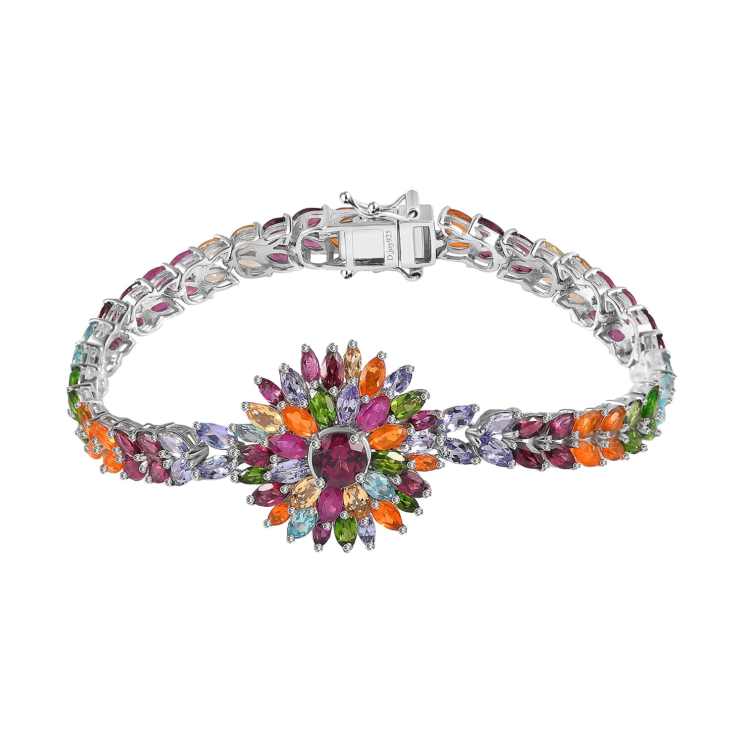 TLV Orissa Rhodolite Garnet, Multi Gemstone Floral Spray Bracelet in Platinum Over Sterling Silver (6.50 In) 16.60 ctw
