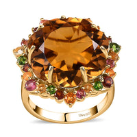 Flower Cut Brazilian Citrine and Multi Gemstone Ring in Vermeil Yellow Gold Over Sterling Silver (Size 10.0) 20.75 ctw