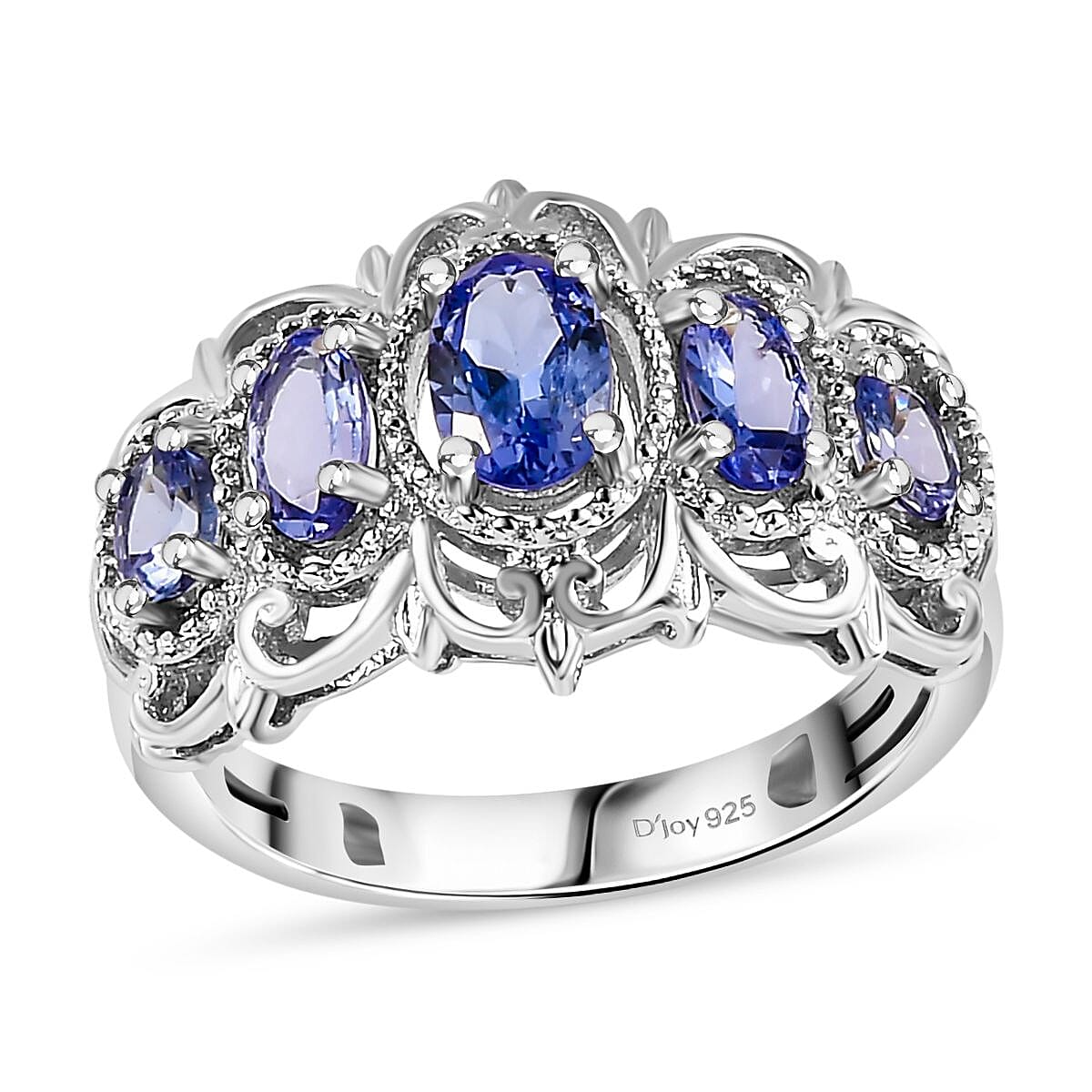 Tanzanite 5 Stone Ring in Platinum Over Sterling Silver (Size 10.0) 1.20 ctw