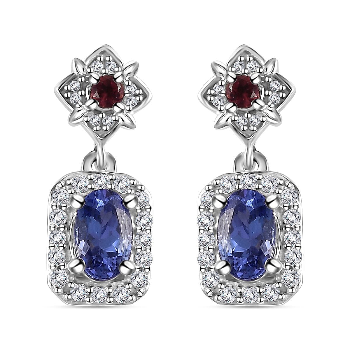 AAA Tanzanite and Multi Gemstone Dangle Earrings in Platinum Over Sterling Silver 1.35 ctw