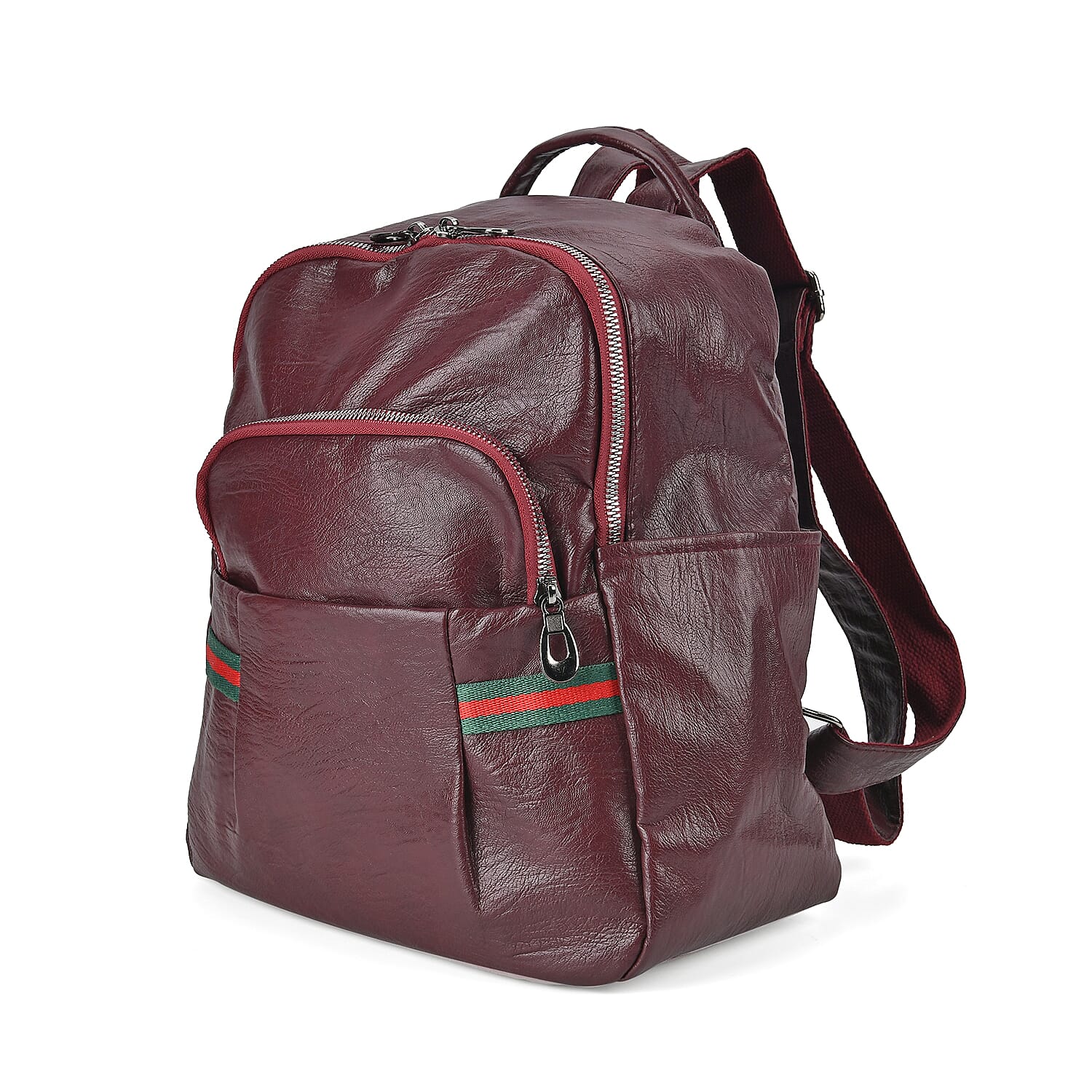 Burgundy Faux Leather Multi Pocket Backpack (10"x5"x13.4")