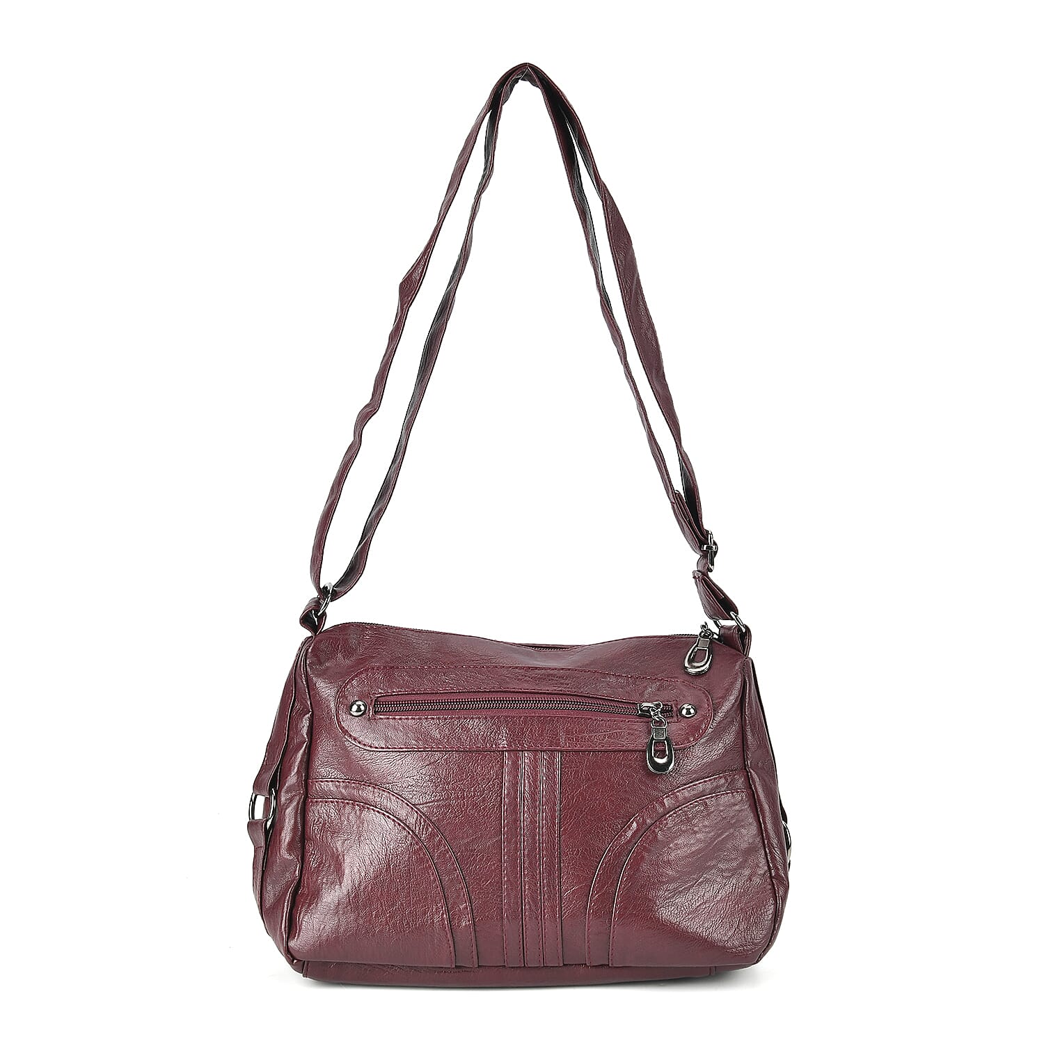 Burgundy Faux Leather Crossbody Bag (10.6"x3.5"x8.3") with Shoulder Strap (51")