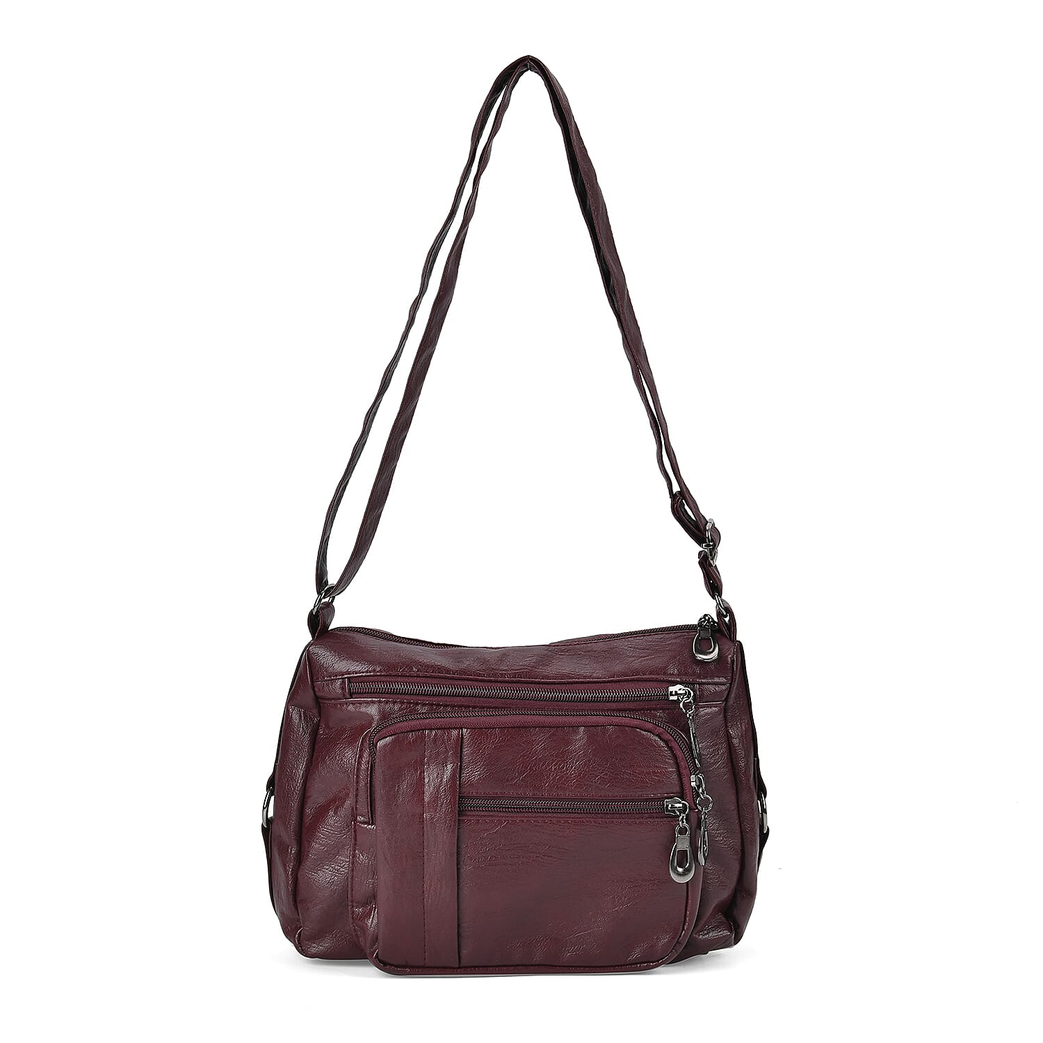 Burgundy Faux Leather Multi Pocket Crossbody Bag (10"x3.5"x7.9") with Adjustable Shoulder Strap (51")