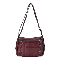 Burgundy Faux Leather Multi Pocket Crossbody Bag (10"x3.5"x7.9") with Adjustable Shoulder Strap (51")