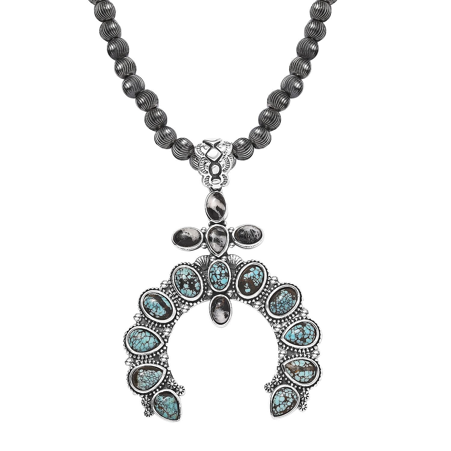 D'Joy Artisan Crafted Blue Moon Turquoise and White Buffalo Naja Necklace 18-20 Inches in Sterling Silver 9.90 ctw