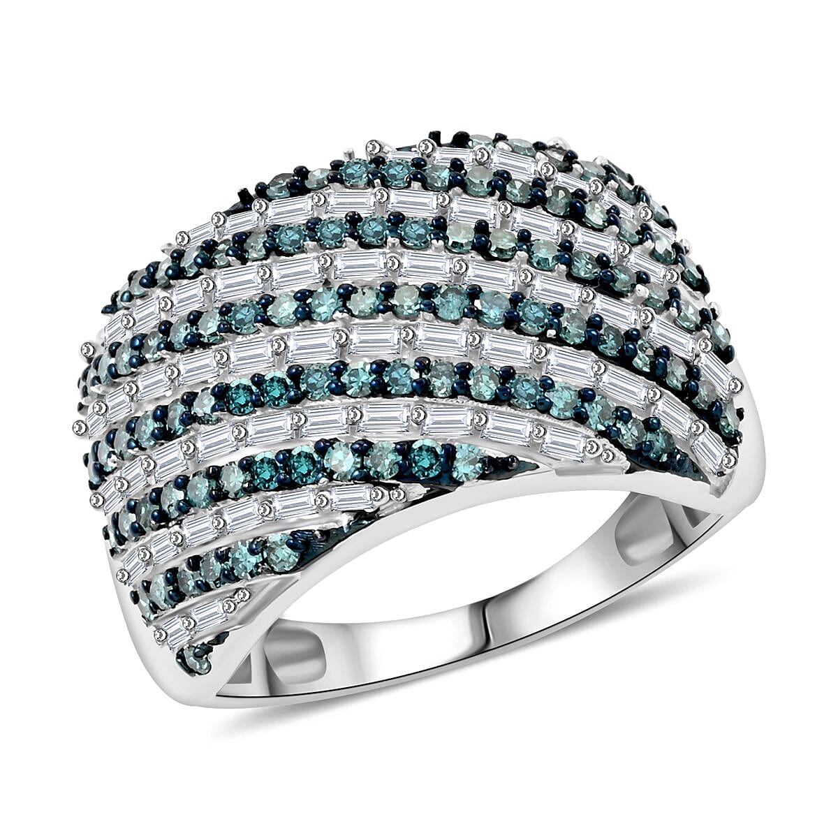 Venice Blue Diamond I1-I2) and White Diamond Ring in Platinum Over Sterling Silver (Size 6.0) 1.00 ctw