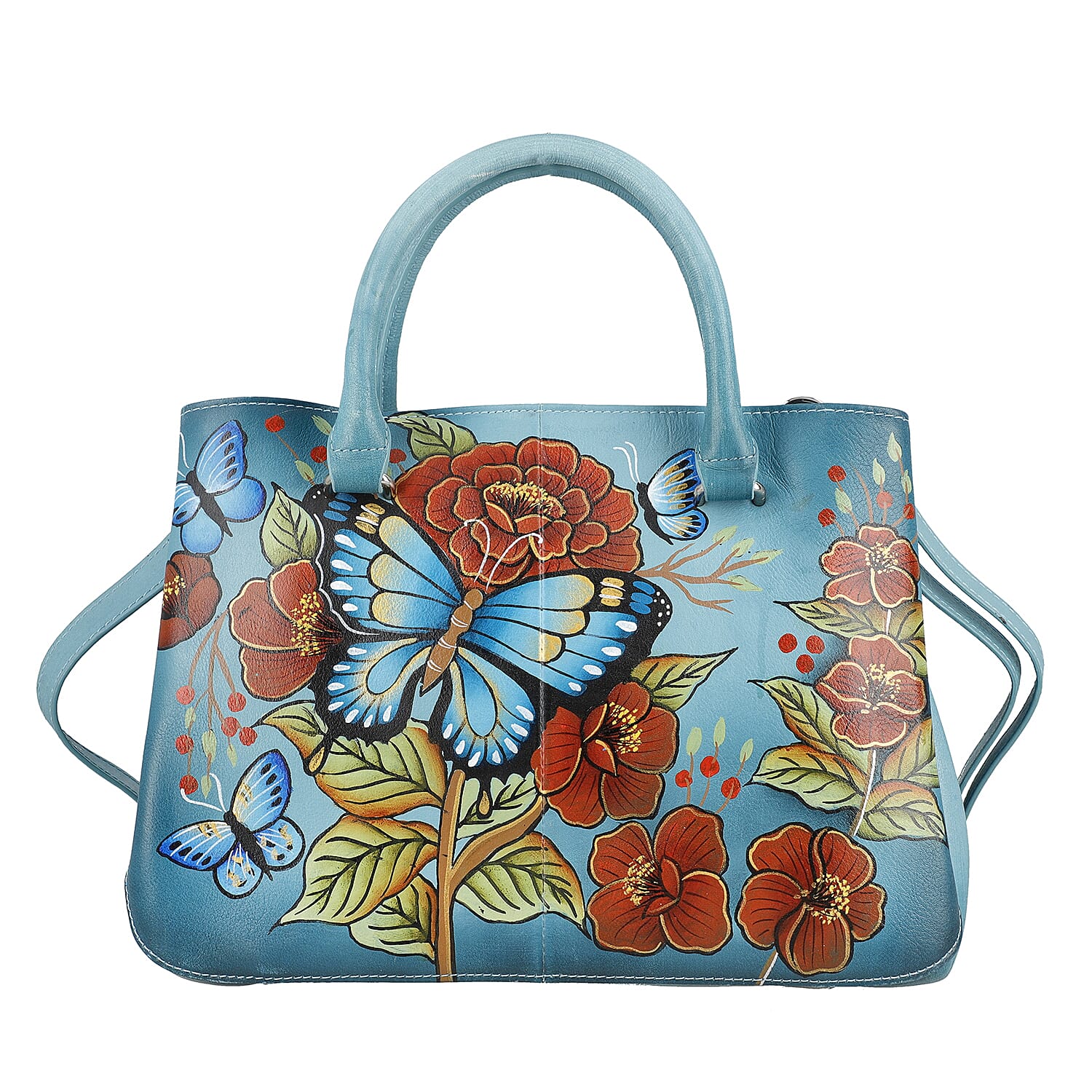 Sukriti Green Butterfly and Flower Genuine Leather Handpainted Shoulder Bag (14"x9.75"x3.8")