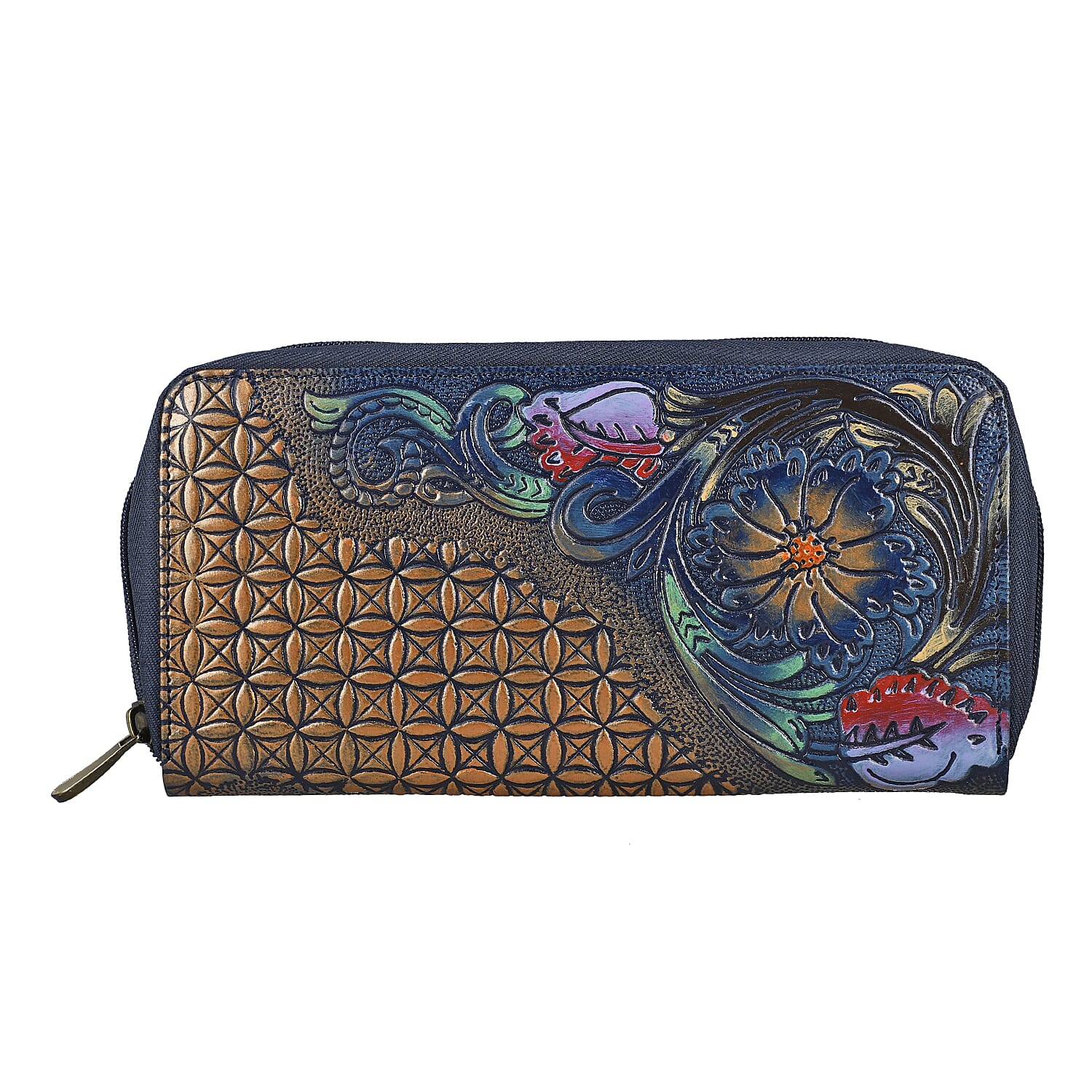 Black RFID Protected Tooled Leather Women's Wallet (9"x1"x5")