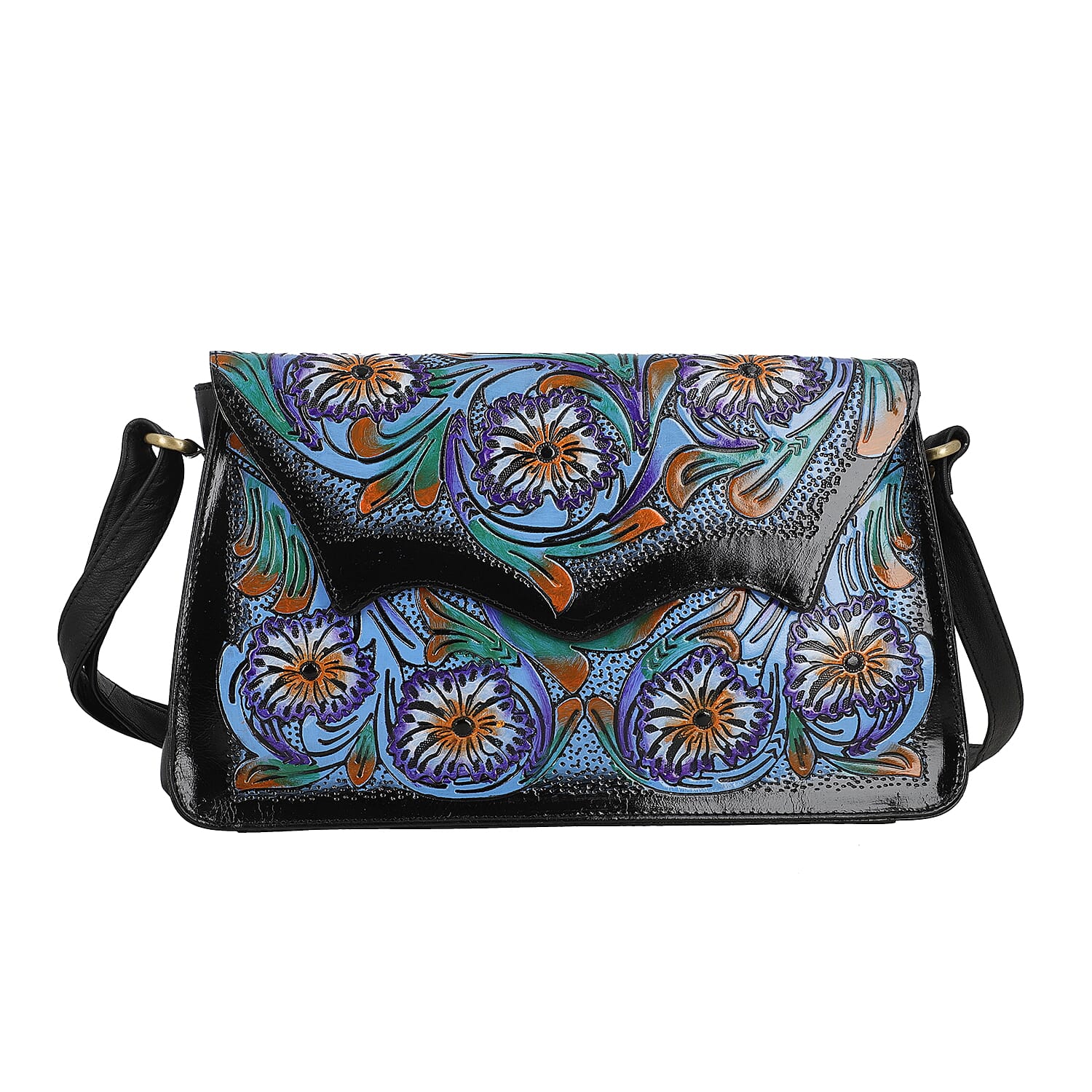 Black Genuine leather Handpainted Ttooled Crossbosy Sling Bag (12.59"x2.5"x7.67")