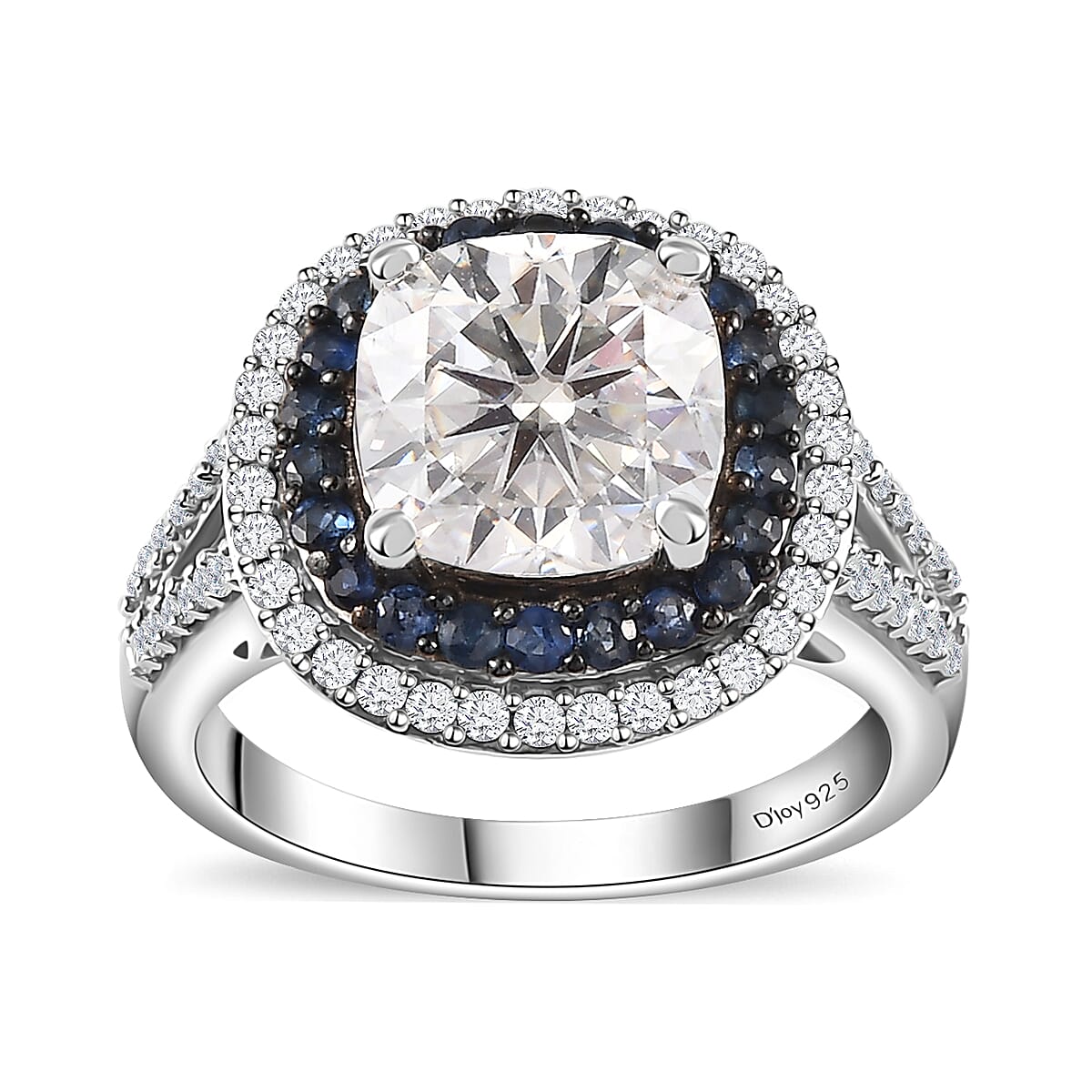 Moissanite and Blue Sapphire Double Halo Ring in Platinum Over Sterling Silver 4.60 ctw