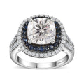 Moissanite and Blue Sapphire Double Halo Ring in Platinum Over Sterling Silver 4.60 ctw - Sticky add to cart bar