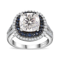 Moissanite and Blue Sapphire Double Halo Ring in Platinum Over Sterling Silver 4.60 ctw