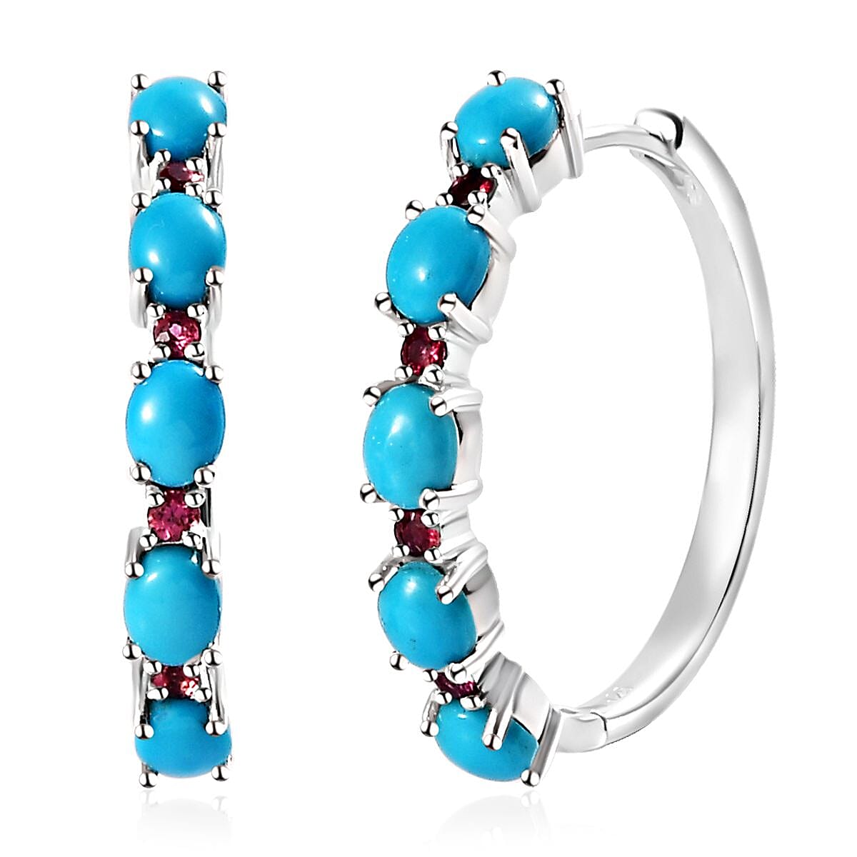 Premium Sleeping Beauty Turquoise and Ouro Fino Rubellite Earrings in Platinum Over Sterling Silver 3.65 ctw