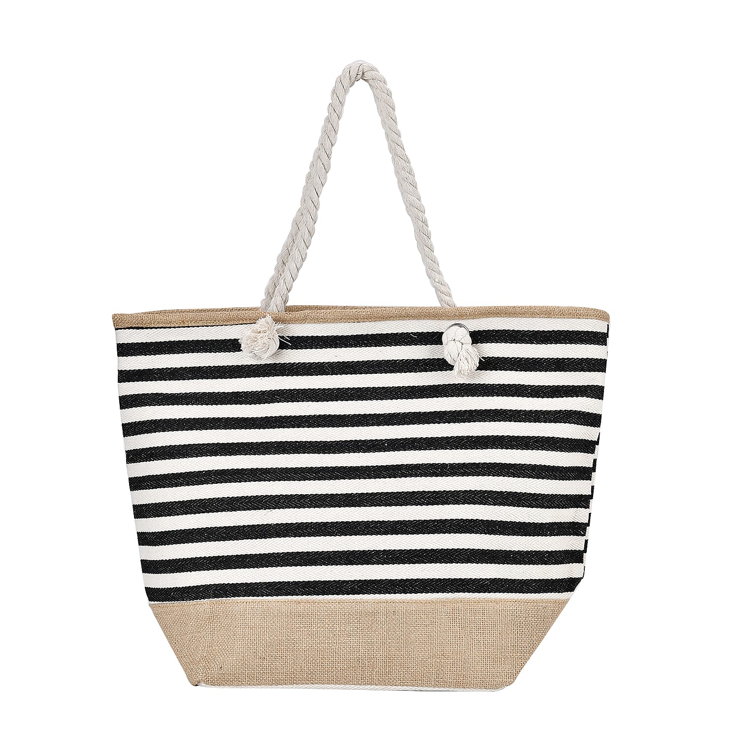 Black and White Stripes Polyester and Jute Tote Bag (12"x8.7"x15")