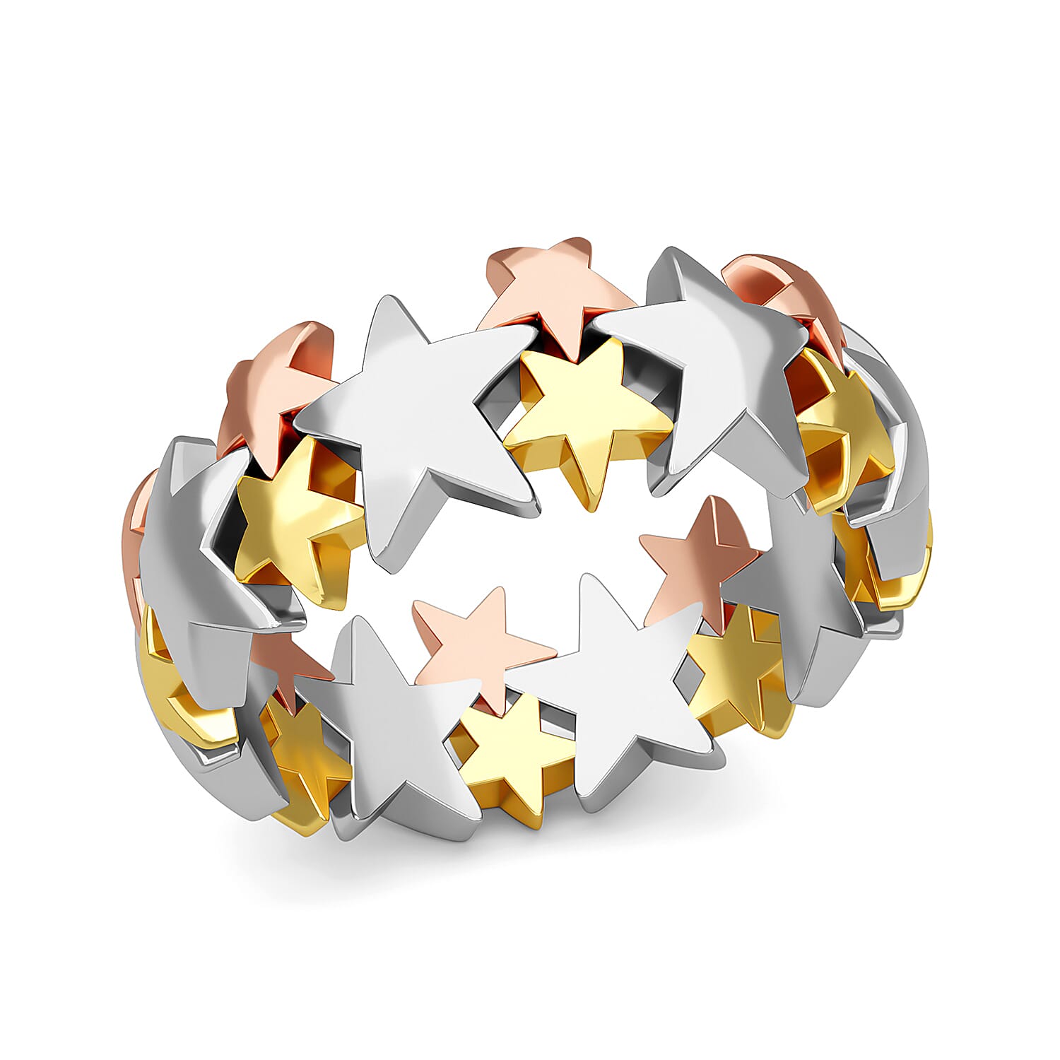 Vermeil Yellow, Rose Gold and Platinum Over Sterling Silver Stars Band Ring (Size 7.0) 4.20 Grams