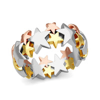 Vermeil Yellow, Rose Gold and Platinum Over Sterling Silver Stars Band Ring (Size 7.0) 4.20 Grams