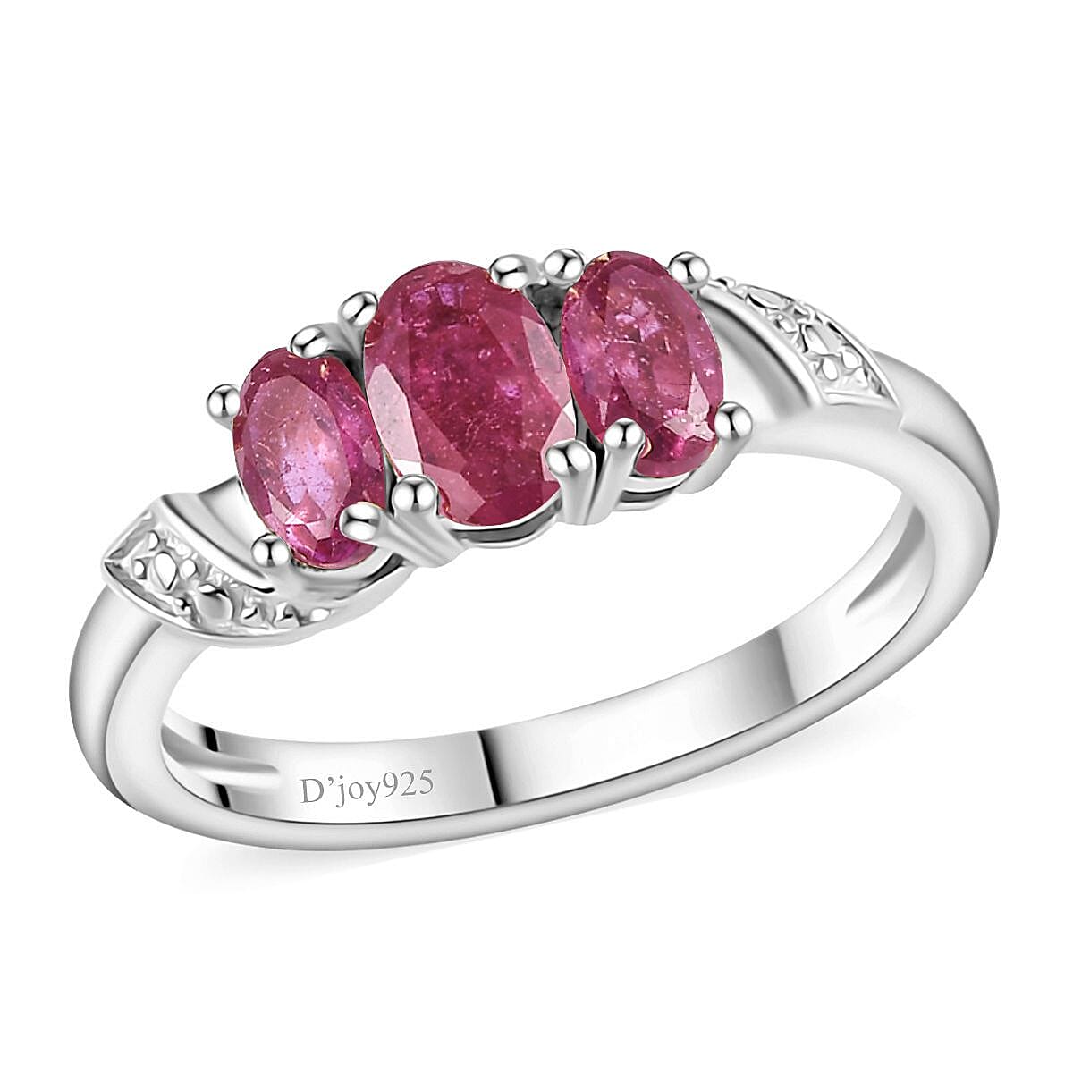 Niassa Ruby (FF) 3 Stone Ring in Platinum Over Sterling Silver (Size 5.0) 1.15 ctw
