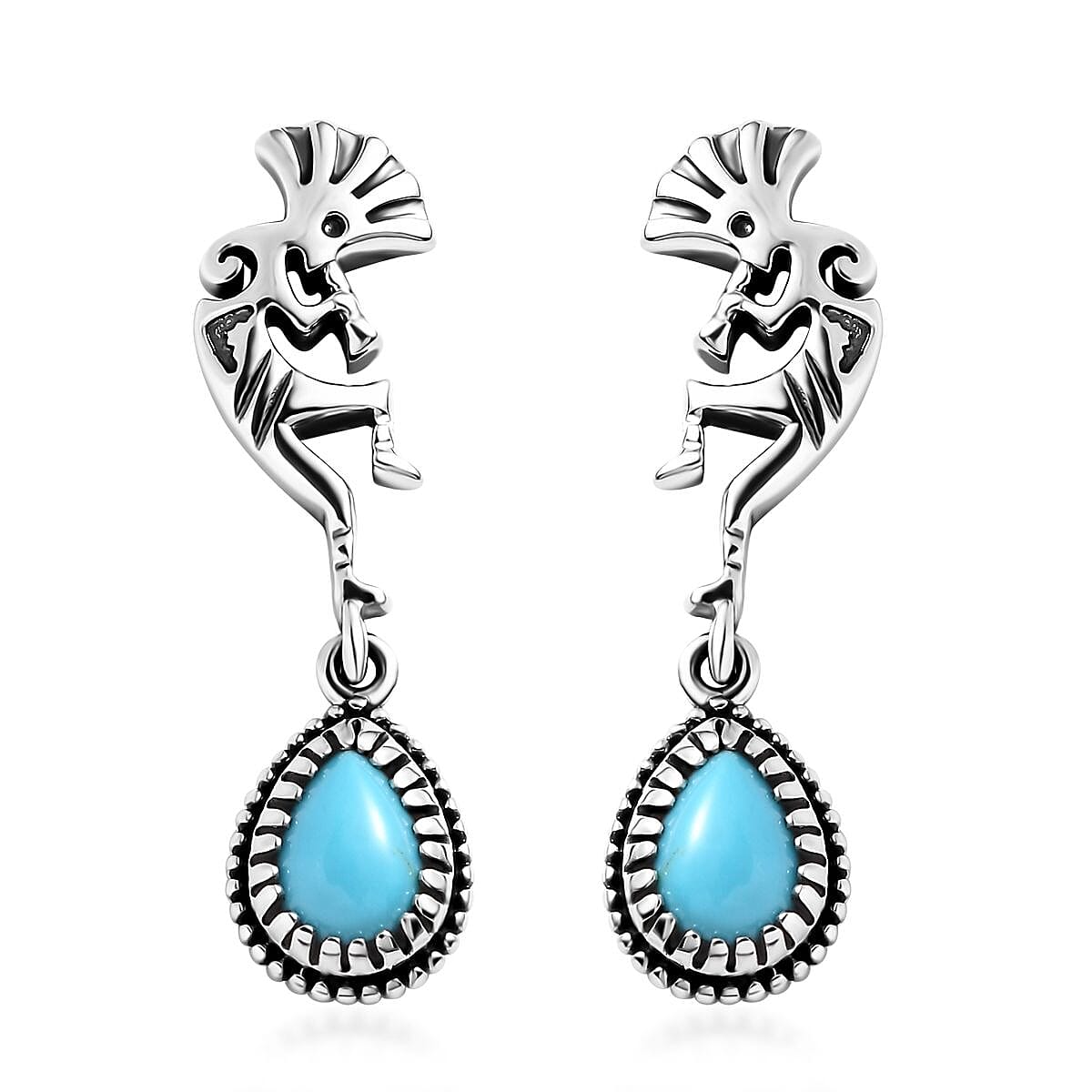 Artisan Crafted Premium Sleeping Beauty Turquoise Kokopelli Earrings in Sterling Silver 1.25 ctw