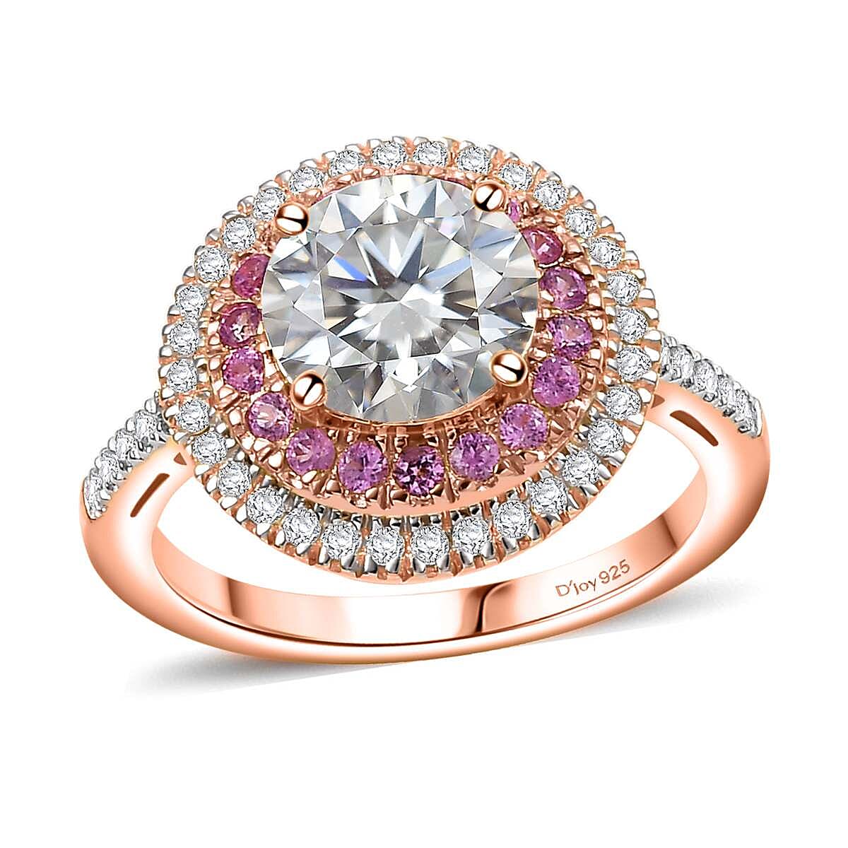 Moissanite and Madagascar Pink Sapphire 2.40 ctw Ring in Vermeil Rose Gold Over Sterling Silver (Size 6.0)