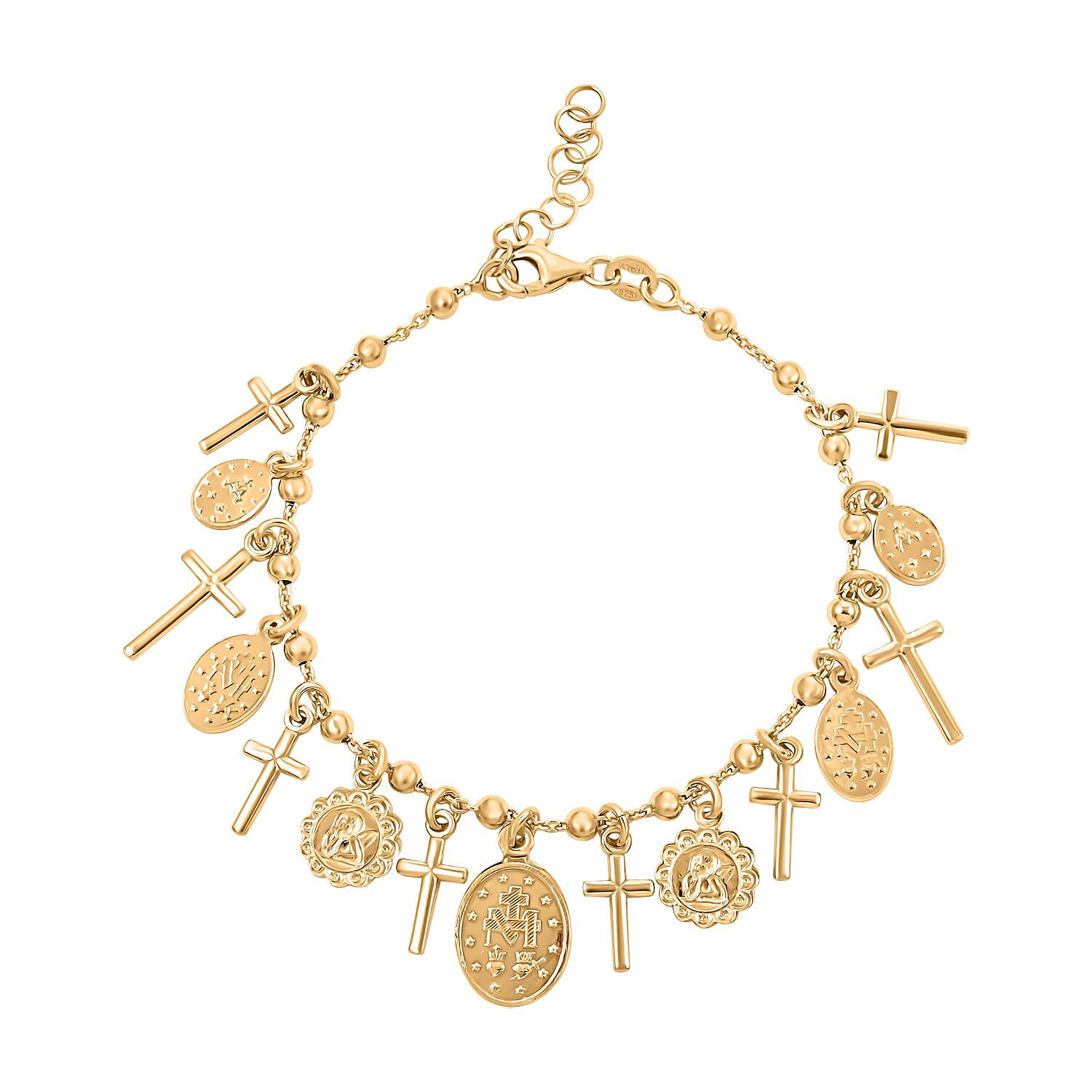 14K Yellow Gold Over Sterling Silver Virgin Mary & Crosses Beaded Rosary Bracelet (8.00 In) 10.15 Grams