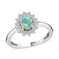 Rainbow Moonstone, White Zircon Ring in Platinum Over Sterling Silver (Size 5.0) 1.15 ctw