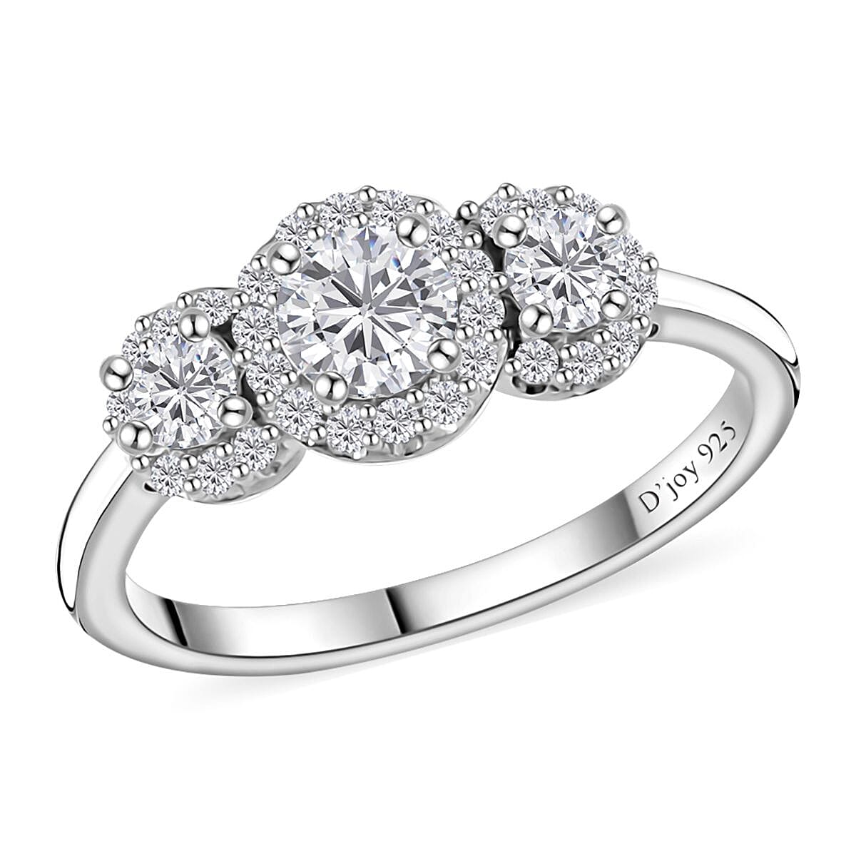 Moissanite Trilogy Halo Ring in Platinum Over Sterling Silver (Size 6.0) 0.70 ctw