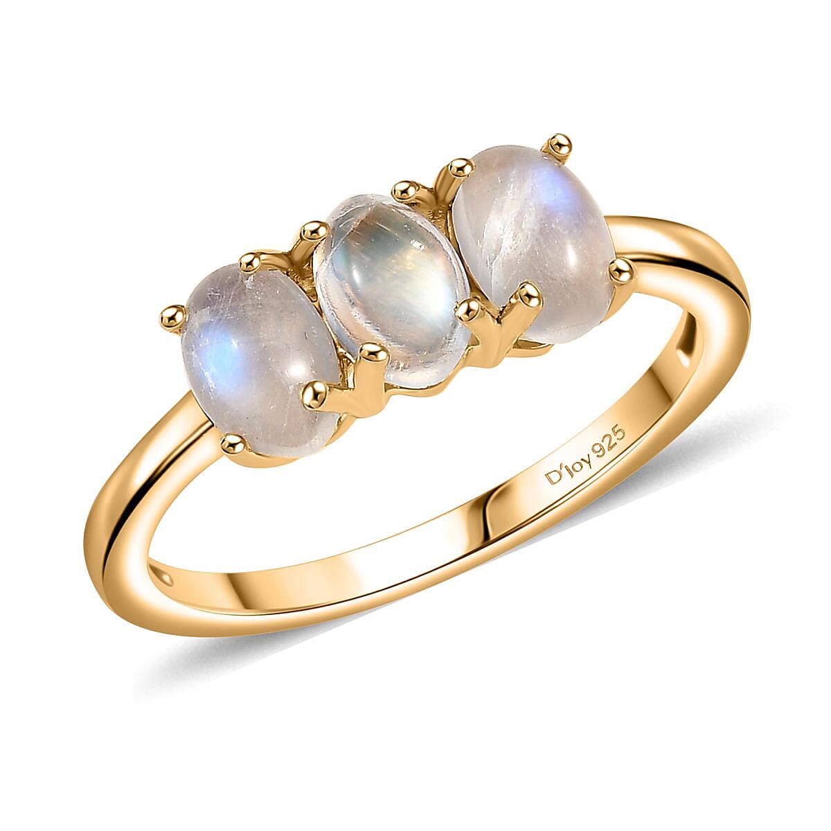 Rainbow Moonstone 2.15 ctw 3 Stone Ring in Vermeil Yellow Gold Over Sterling Silver