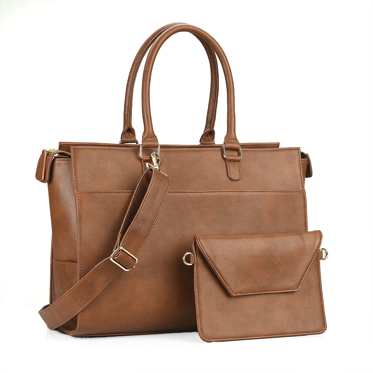 Brown Faux Leather Tote Bag (16"x7"x12")