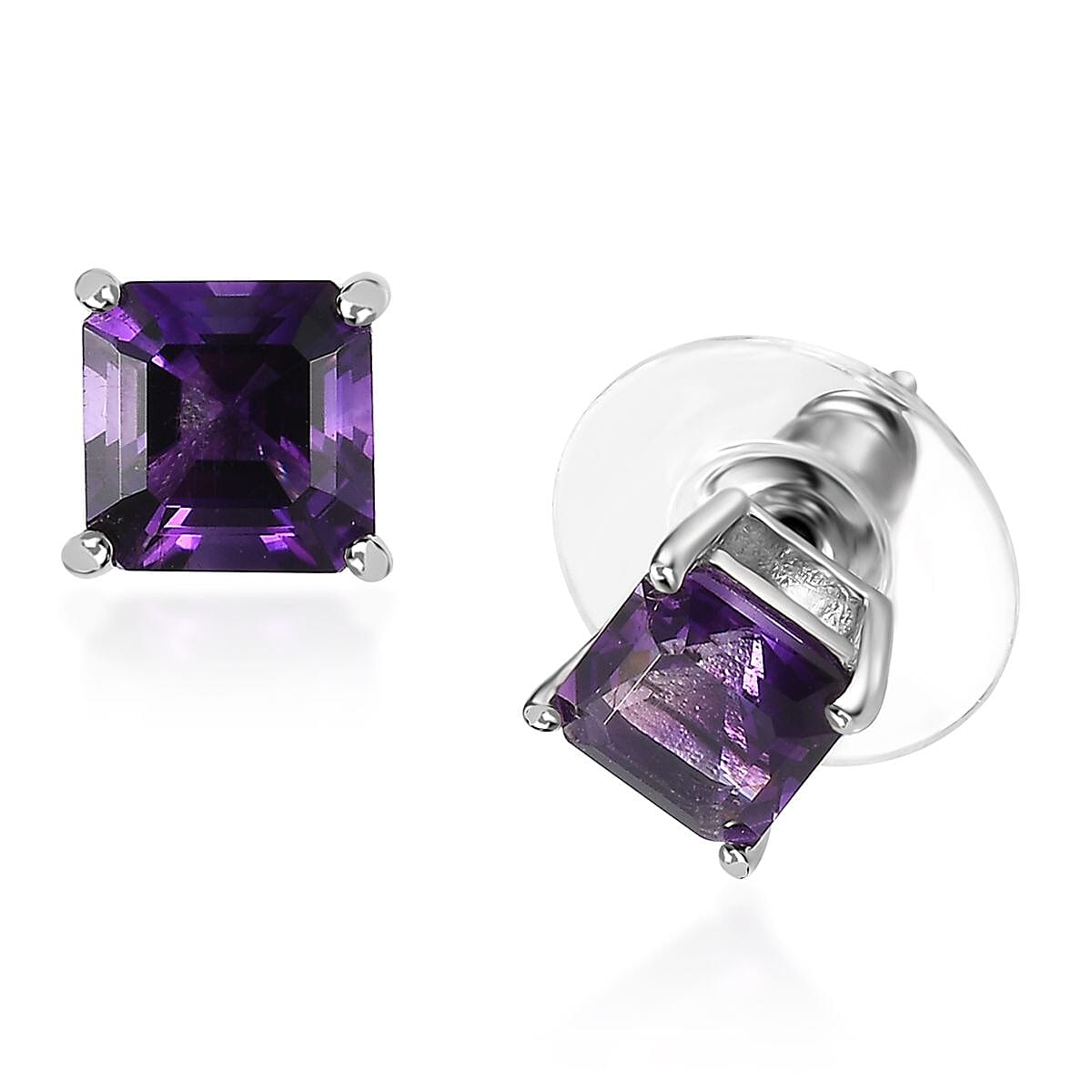 Asscher Cut Moroccan Amethyst 2.25 ctw Solitaire Stud Earrings in Platinum Over Sterling Silver