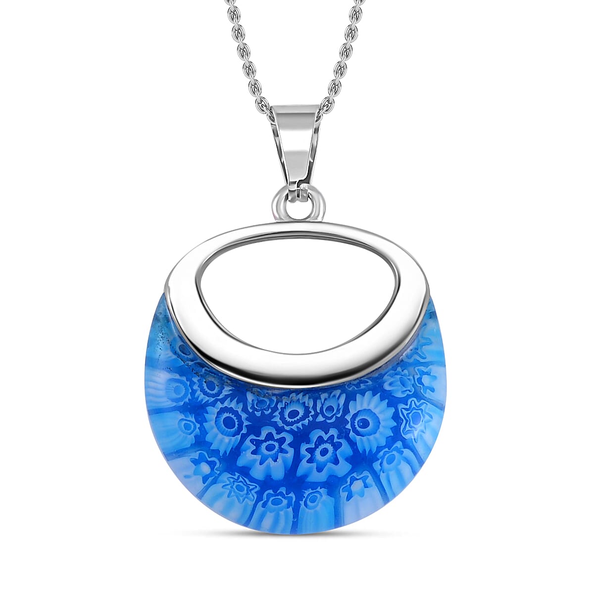 Blue Color Murano Style Necklace (24 Inches) in Stainless Steel