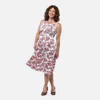 Beige Floral Smocked Sleeveless Double Knit Dress with Waist Tie - One Size Fits Most