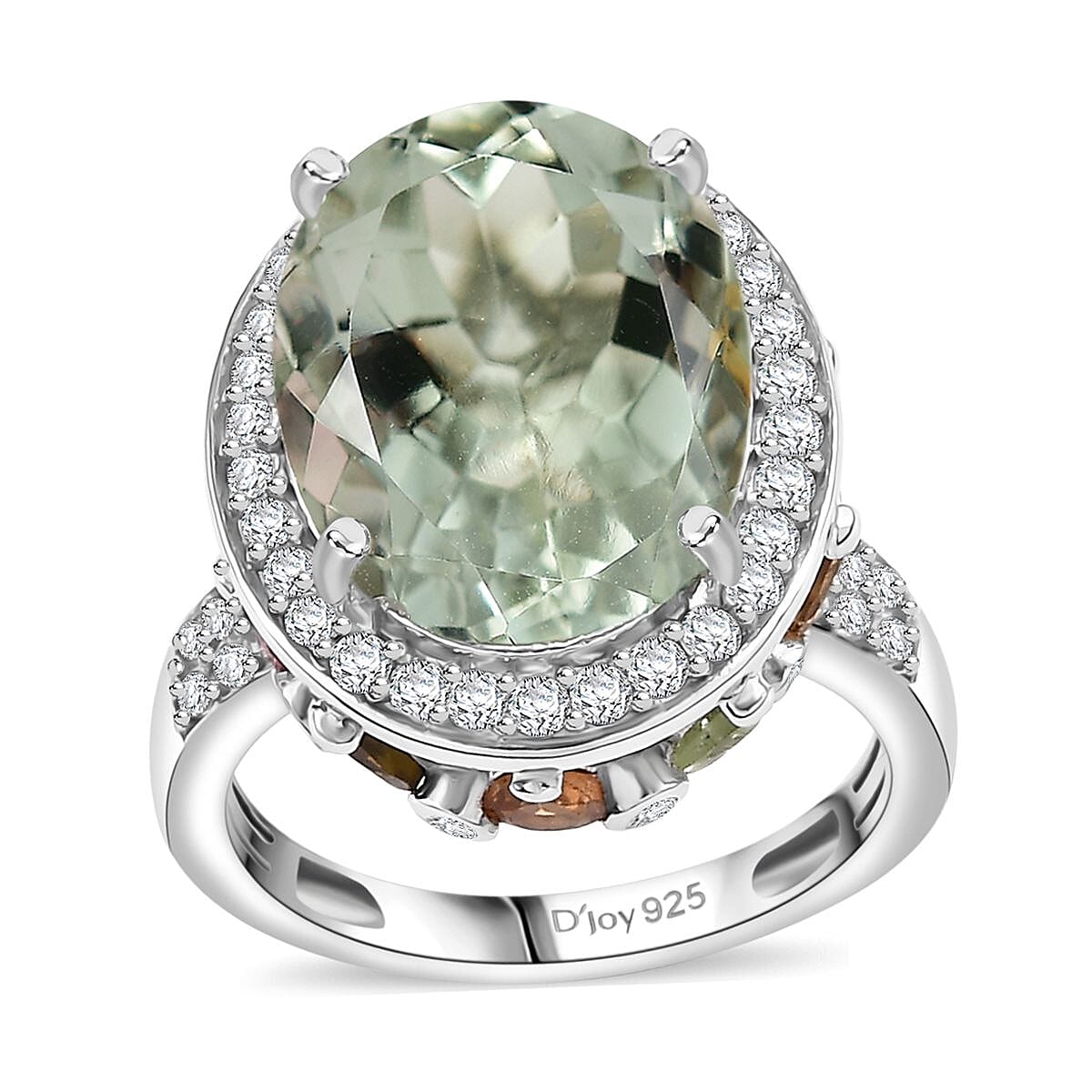 Montezuma Prasiolite, Multi Gemstone Halo Ring in Platinum Over Sterling Silver (Size 6.0) 11.00 ctw