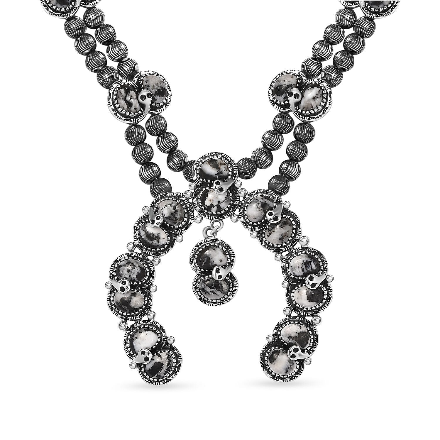Artisan Crafted White Buffalo 26.75 ctw Snake Squash Blossom Necklace 18-20 Inches in Sterling Silver