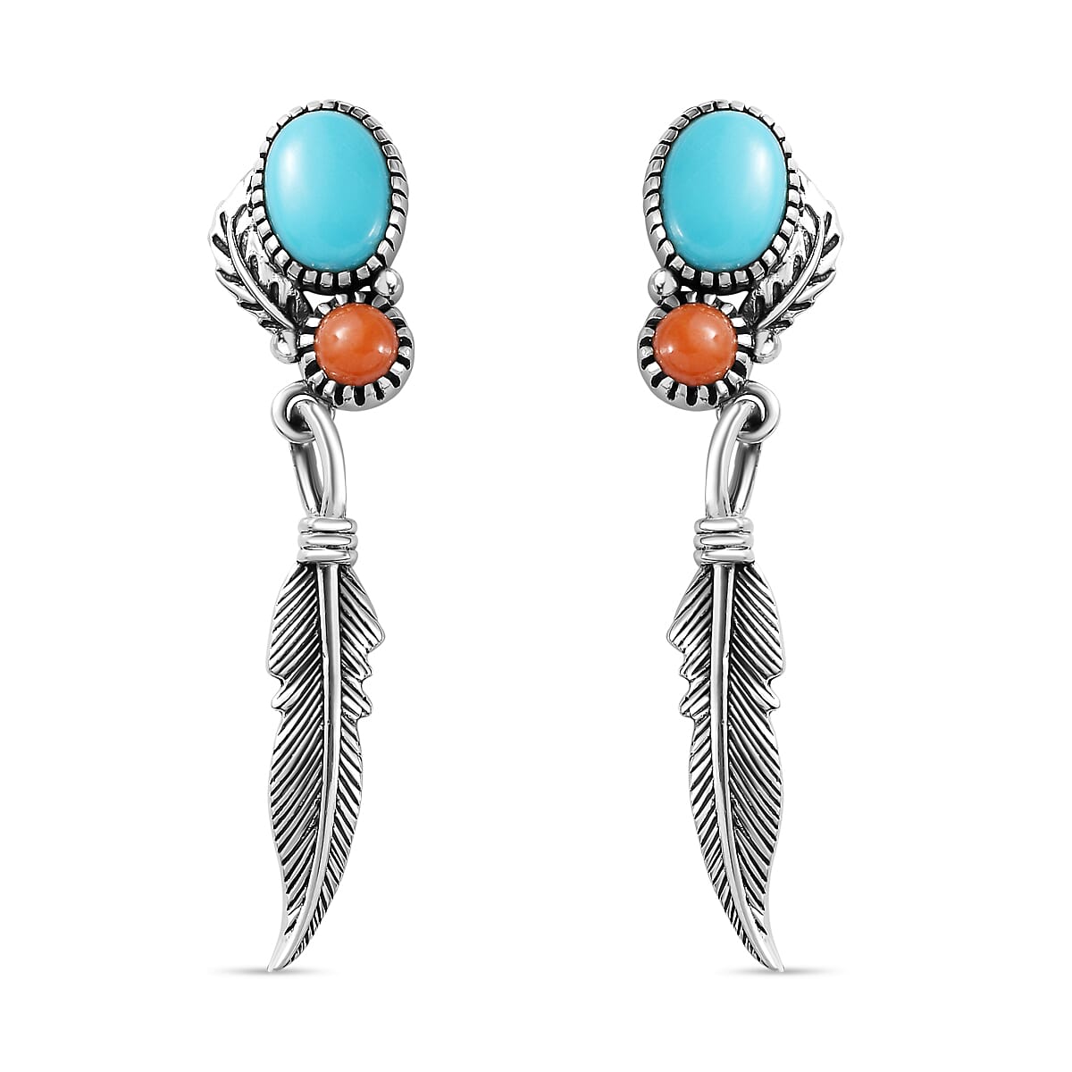 Artisan Crafted Sleeping Beauty Turquoise and Mediterranean Coral Feather Earrings in Sterling Silver 2.65 ctw
