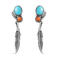 Artisan Crafted Sleeping Beauty Turquoise and Mediterranean Coral Feather Earrings in Sterling Silver 2.65 ctw - Sticky add to cart bar