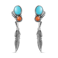 Artisan Crafted Sleeping Beauty Turquoise and Mediterranean Coral Feather Earrings in Sterling Silver 2.65 ctw