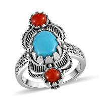 Artisan Crafted Sleeping Beauty Turquoise and Mediterranean Coral Ring in Sterling Silver (Size 10.0) 2.20 ctw