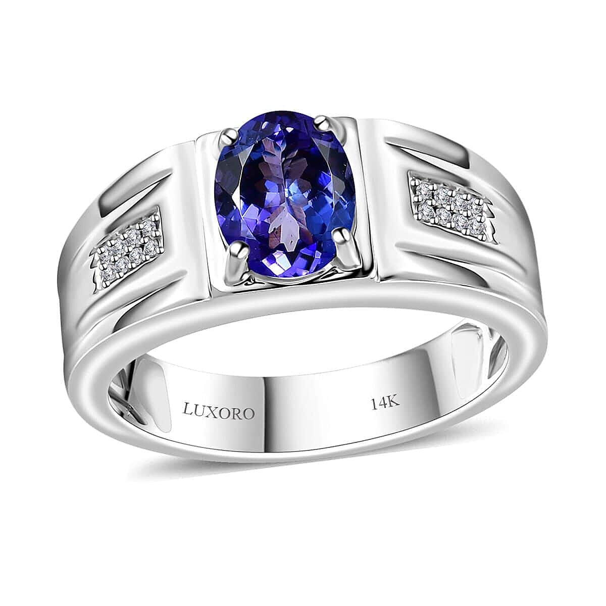 Luxoro 14K White Gold AAA Tanzanite and G-H I2 Diamond Men's Ring (Size 10.0) 7.90 Grams 1.90 ctw