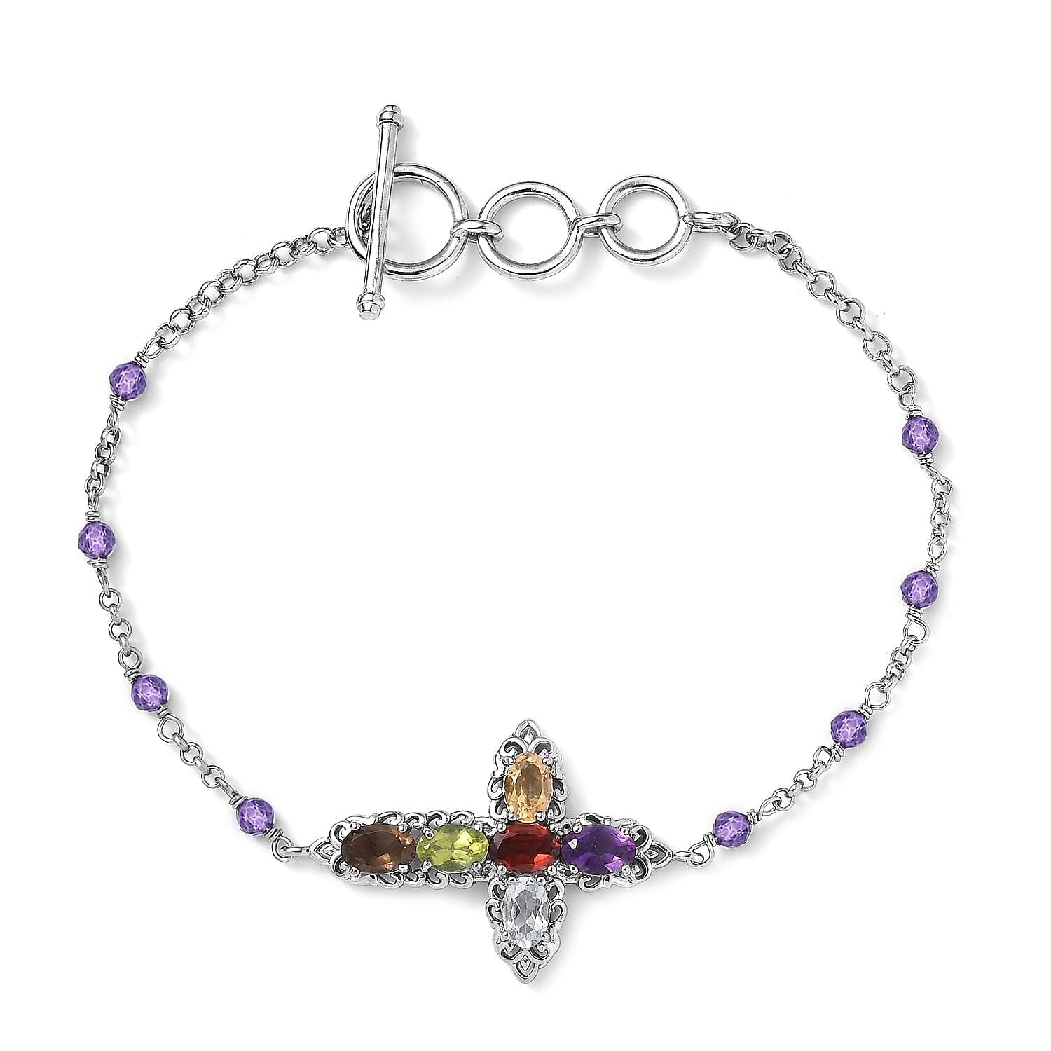 Karis Multi Gemstone Cross Bracelet in Platinum Bond (6.50-8.00In) 4.50 ctw