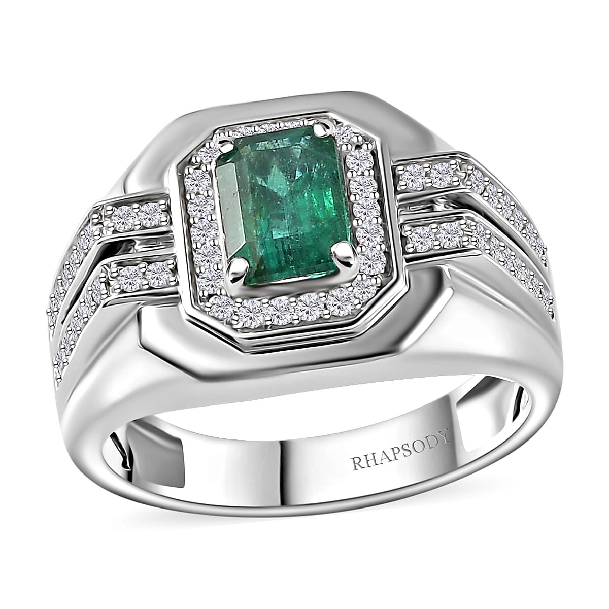 Rhapsody 950 Platinum AAAA Kagem Zambian Emerald, Diamond (E-F, VS2) Men's Ring (Size 10.0) (10 g) 2.00 ctw