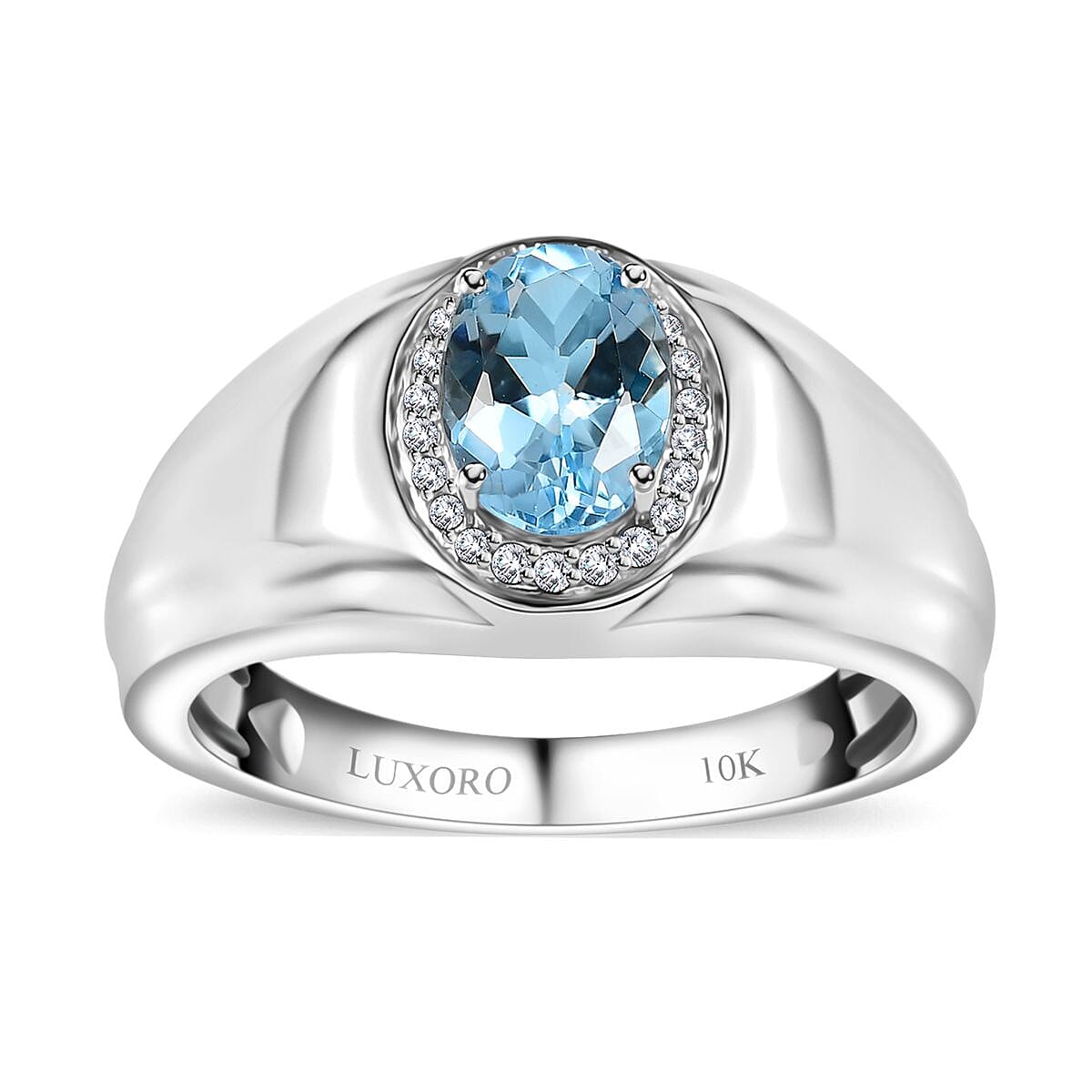 Luxoro 10K White Gold Premium Santa Maria Aquamarine, Diamond (G-H, I2) Men's Ring (Size 9.0) (5.75 g) 1.35 ctw
